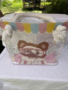Cute Clear Bear Tote Bag with Rope Handles - Pink Accent